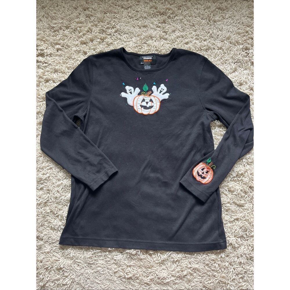 Designers Originals  STUDIO TREAT HALLOWEEN TOP GHOSTS PUMPKIN EMBROIDERED Size